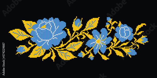 Realistic Cross-Stitch Embroideried Composition with Roses. Ethnic Floral Motif, Handmade Stylization. Traditional Ukrainian Yellow and Blue Embroidery. Ethnic Design Element. Vector 3d Illustration