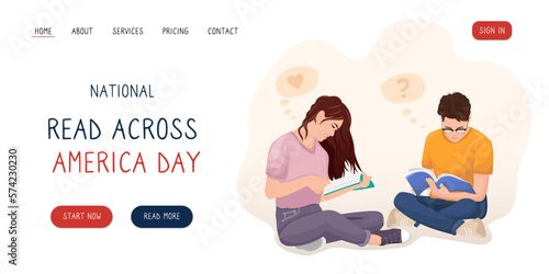 People read together. Read across America day. Guy and girl discussing books. Website page.