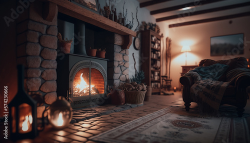 Fireplace in a cozy country house, dim light, comfort