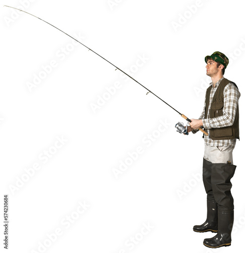 Fishing man with fishing rod isolated on white