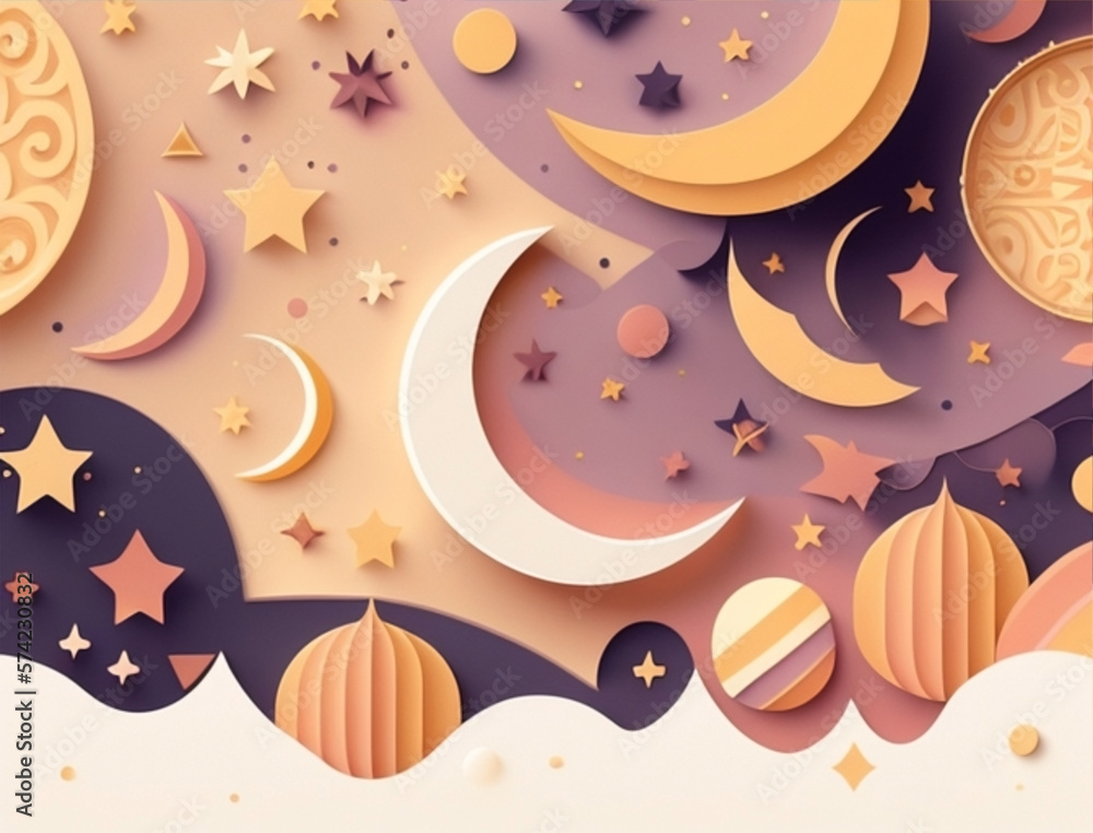 Ramadan illustration with beautiful papercut moon in the night with soft color
