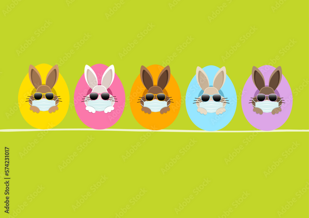 Fototapeta premium Karte 5 Osterhasen Maske Sonnenbrille In Ostereiern Von Vorn Grün