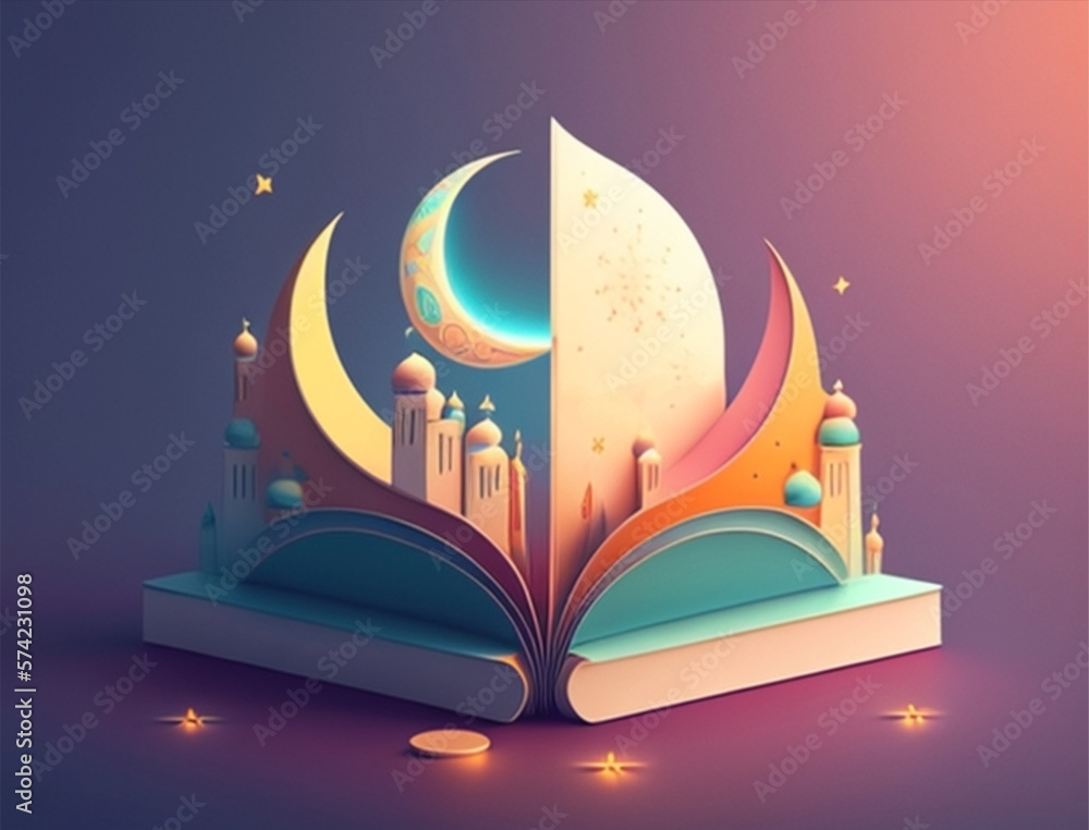 Ramadan illustration with beautiful book in the night with soft color
