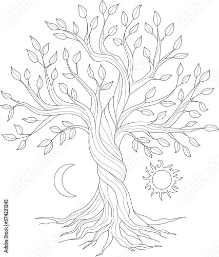 Judaism religion tree of life symbol with sun and moon graphic sketch template. Cartoon vector illustration in black and white for games. Childrens story book, fairytail, coloring paper, page, print
