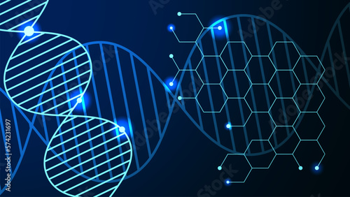 Scientific hexagonal pattern with dna structure for chemistry, medical, science and technology concept background template.