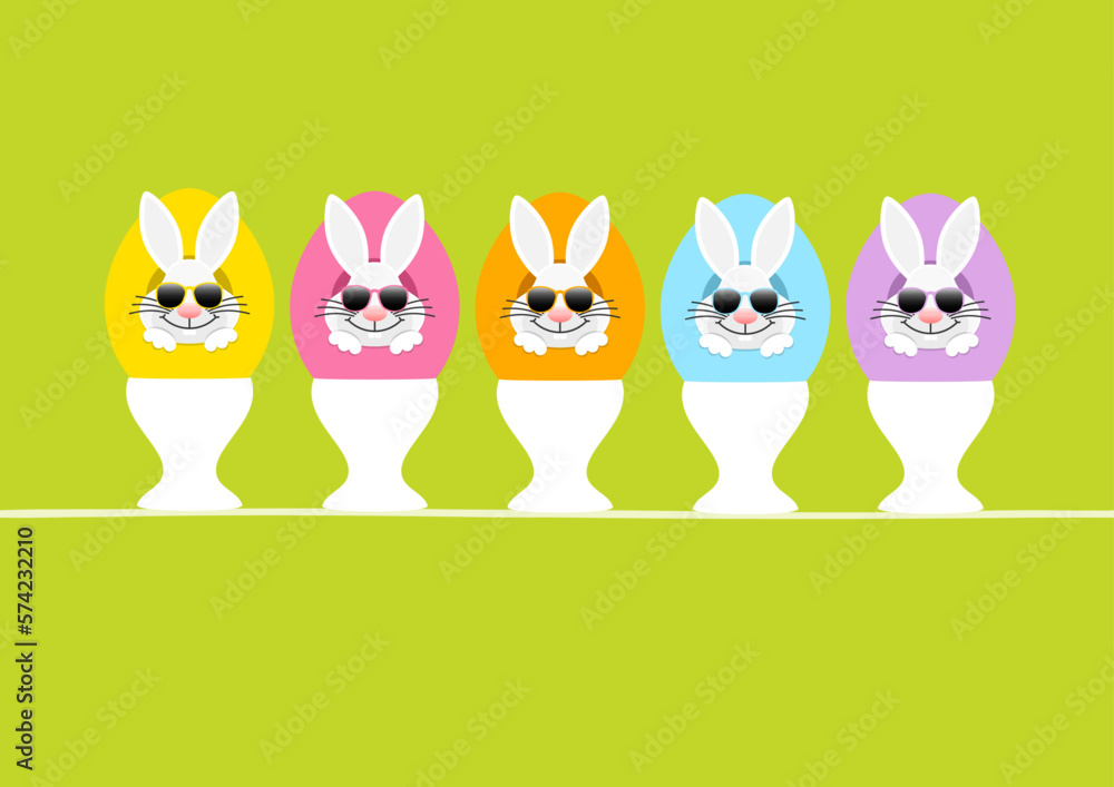 Fototapeta premium Karte 5 Weiße Osterhasen Sonnenbrille In Ei Eierbecher Vorn Grün