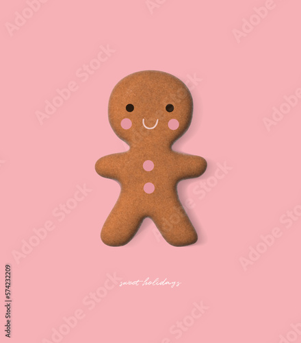 Funny Christmas Holidays Vector Card with Cute Gingerbread Man Cookie on a Light Pink Background. Lovely Minimalist Illustration with Sweet Gingerbread Cookie ideal for Card, Greeting, Wall Art.
