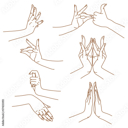 Different traditional hand signs of a dancing woman. Indian classical dance Bharatanatyam mudra. Alapadma hasta. Beautiful set of hands in Indian dance. Linear vector illustration.