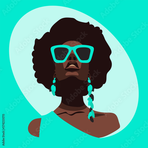 A modern African woman in retro blue glasses and jewelry. A curly-haired African-American woman looks at you with glasses on a blue background. Vector illustration of a beautiful strong woman. Beach