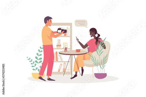 Concept blogging with people scene in the flat cartoon design. Video operator films a well-known blogger on camera. Vector illustration.