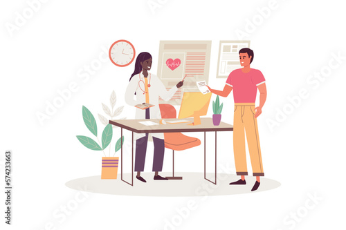 Medical clinic concept with people scene in the flat cartoon style. Patient came to the hospital to see the doctor to consult about the disease. Vector illustration.