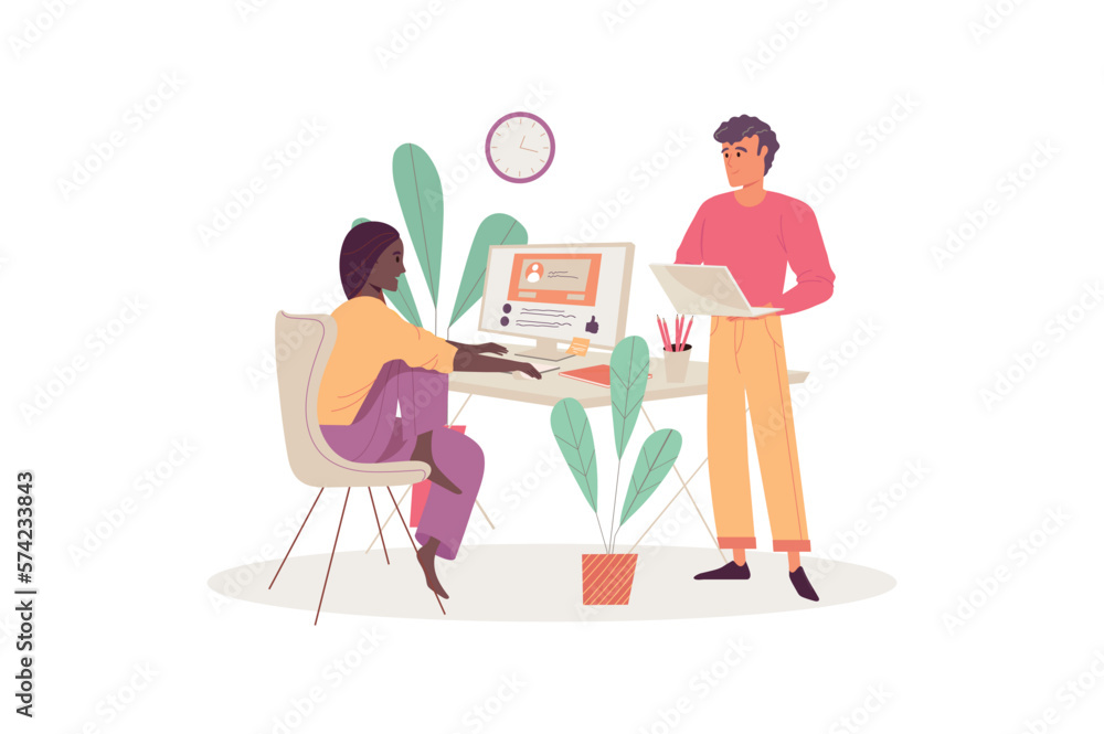 Concept browse social network with people scene in the flat cartoon design. One of the employees will ask a colleague to look at social networks for statistics. Vector illustration. Concept browse social network with people scene in the flat cartoon design. One of the employees will ask a colleague to look at social networks for statistics. Vector illustration.