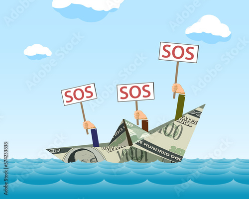 Paper boat made of the dollar currency is sinking