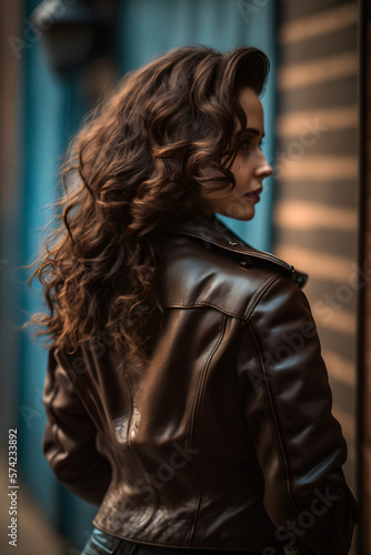 Beautiful brunette woman in leather kacket, rear view