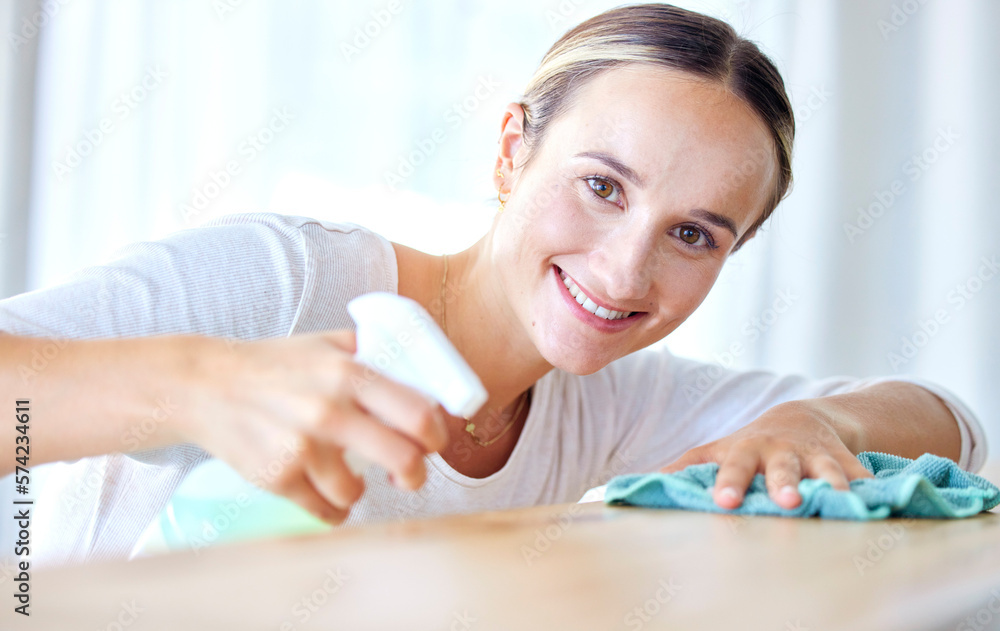 Portrait, woman and cleaning with spray bottle, cloth and smile for hygiene, disinfectant and dusting. Face, female cleaner or maid with liquid, rag or housekeeping with furniture or sanitize surface Portrait, woman and cleaning with spray bottle, cloth and smile for hygiene, disinfectant and dusting. Face, female cleaner or maid with liquid, rag or housekeeping with furniture or sanitize surface