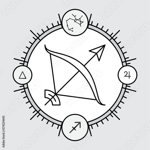 SAGITTARIUS zodiac horoscope astrology label with element, planet icon glyph. Thin line sign symbol art design vector illustration