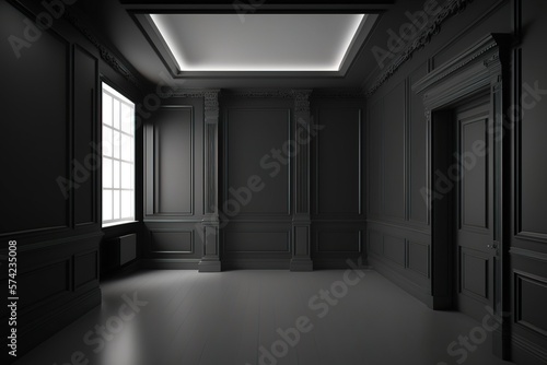 An empty dark room with a light from one window on the side generative ai