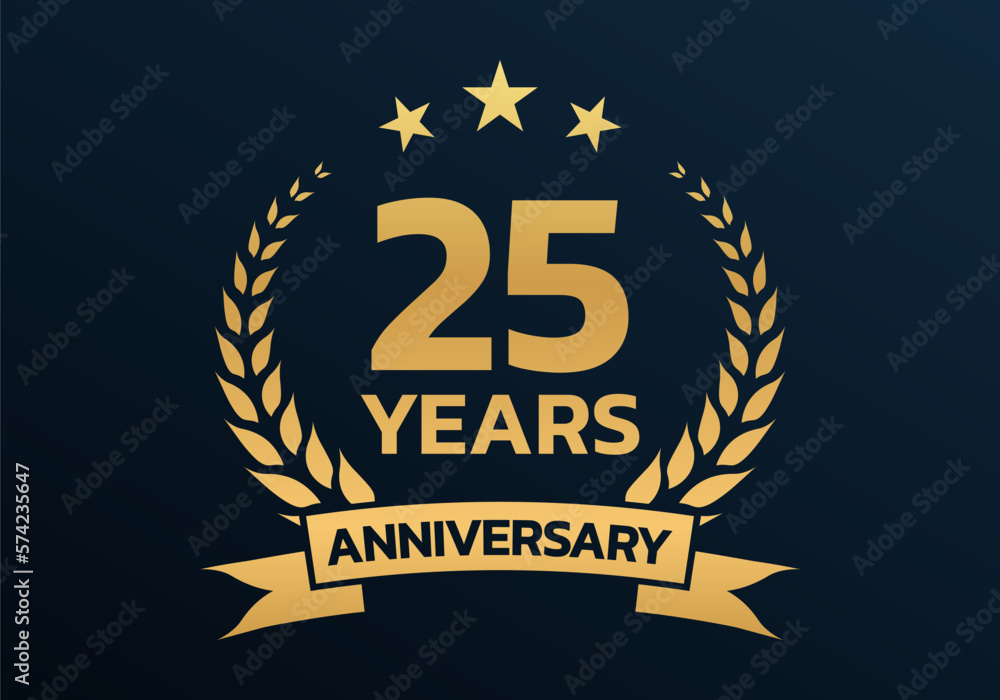 Naklejka premium 25 years anniversary laurel wreath logo or icon. Jubilee, birthday badge, label or emblem. 25th celebration design element. Vector illustration.