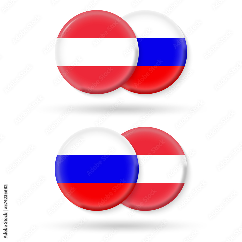 Austria and Russia circle flags. 3d icon. Round Russian and Austrian national symbols. Vector illustration. Austria and Russia circle flags. 3d icon. Round Russian and Austrian national symbols. Vector illustration.