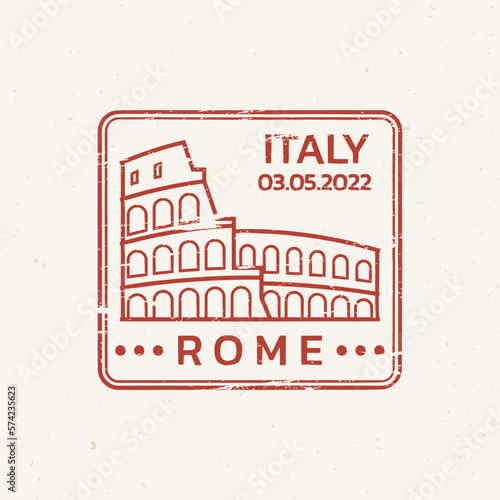 Rome rubber stamp design with grunge texture. Travel, passport icon or seal with Colosseum. Italy symbol with coliseum logo. Vector illustration.