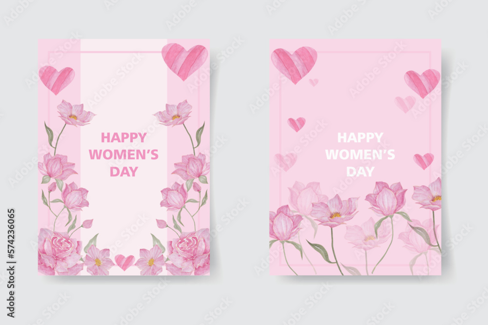 Set of cute pink floral posters for Women's Day,8 march greetings concept.modern watercolor vector illustration
