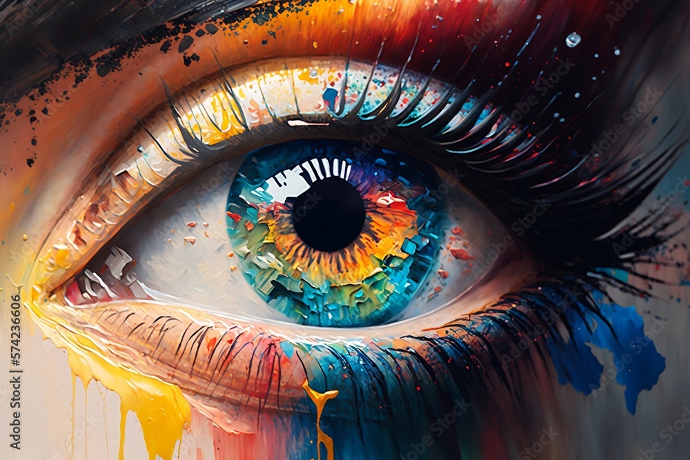 Macro close up of an eye with glass like rainbow eyelashes. Generative AI
