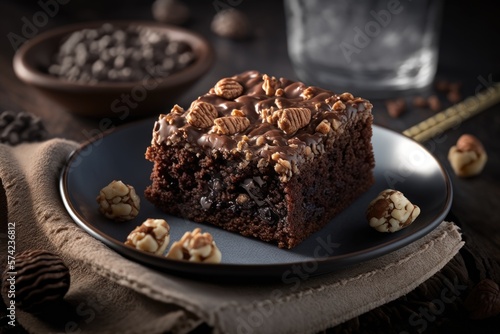 A plate of warm  moist brownies stuffed with walnuts and chocolate.