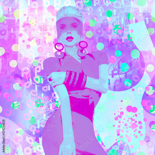 Fashion experimental effect collage. Retro Lady and abstract creative background