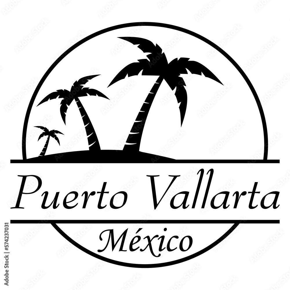 Destino de vacaciones. Logo aislado con texto manuscrito Puerto Vallarta México con silueta de playa con palmeras en círculo lineal