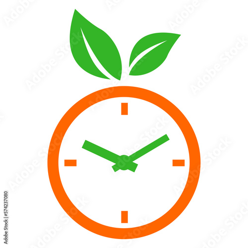 Logo tiempo de zumo de naranja. Icono aislado naranja con forma de esfera de reloj simple con líneas y hojas