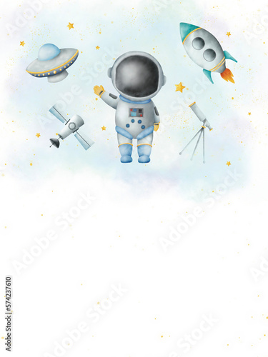 Watercolor paper illustration of space boy Astronaut on Galaxy background. Idea for icons  wallpaper  children   s art  books  cartoon  background  banner  poster  magazine  details decoration  birthday