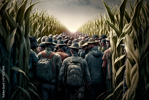 generative ai illustration of  group of war refugees walking in cornfield, Large group of people immigrate, seeing from behind, generative ai photo