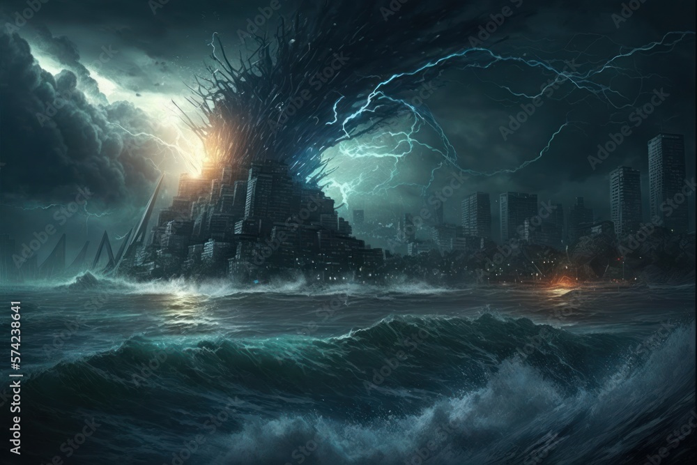 Storm in the Sea. Destruction of the City by Tsunami disaster. (Generative AI)