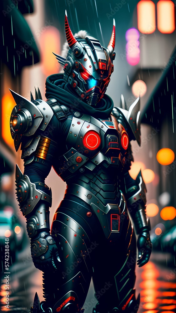 potrait ninja oni android cyborg machine standing in the middle of town and it's raining , digital art style