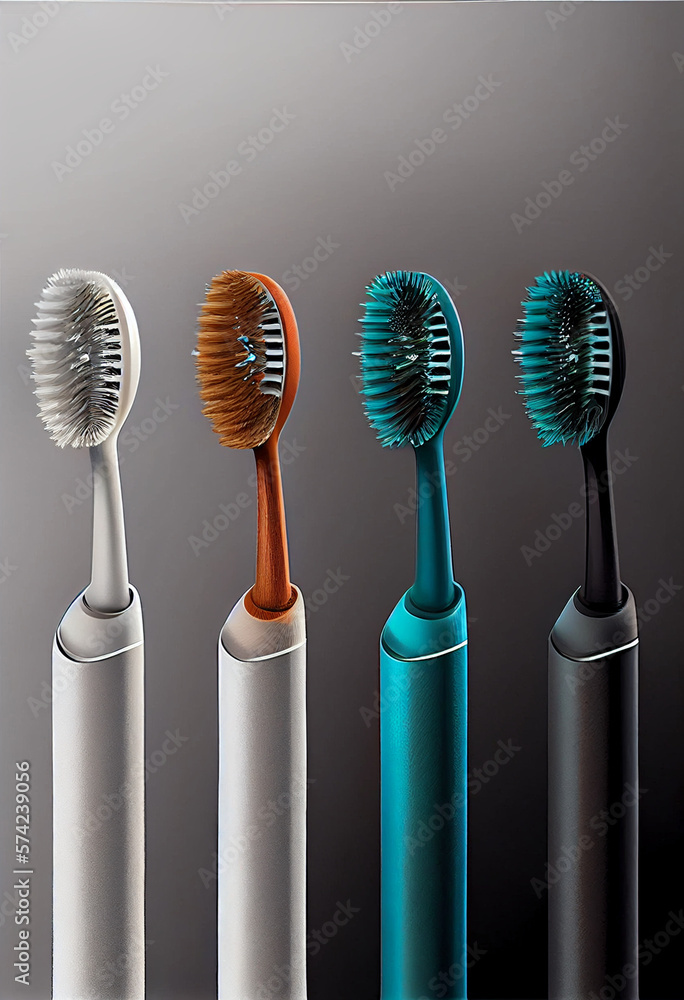 Oral Care Concepts. Closeup Image of Four Spare Attachments for Electric Toothbrush On Black Surface. AI Generated Oral Care Concepts. Closeup Image of Four Spare Attachments for Electric Toothbrush On Black Surface. AI Generated
