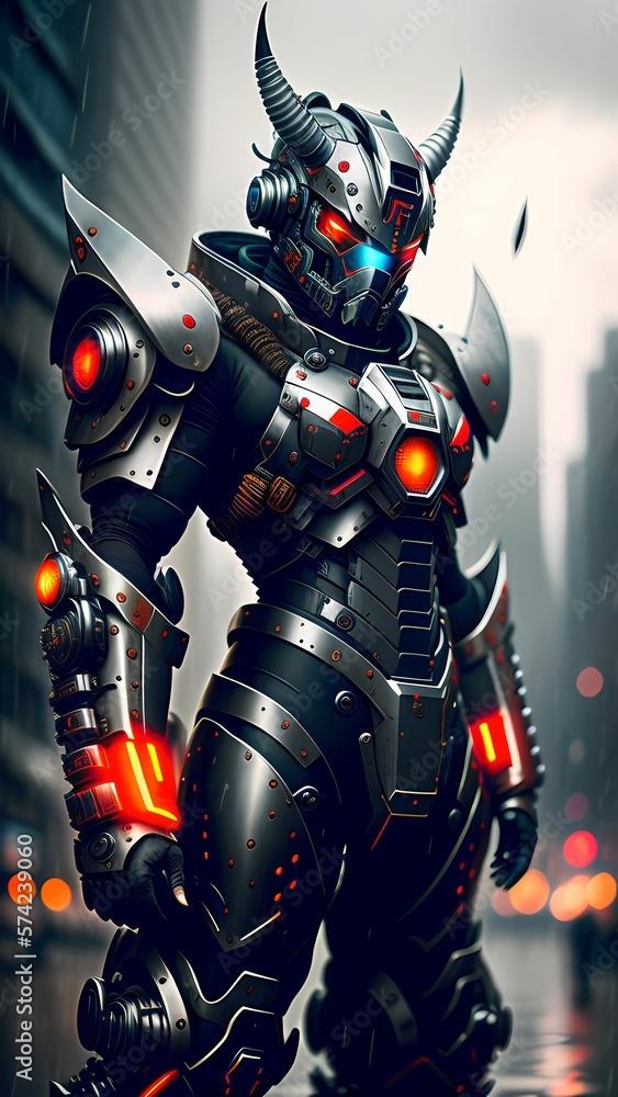 Fototapeta premium potrait ninja oni android cyborg machine standing in the middle of town and it's raining , digital art style