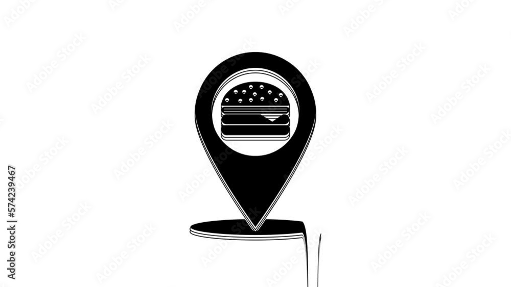 Black Map pointer with fast food burger icon isolated on white background. 4K Video motion graphic animation Black Map pointer with fast food burger icon isolated on white background. 4K Video motion graphic animation