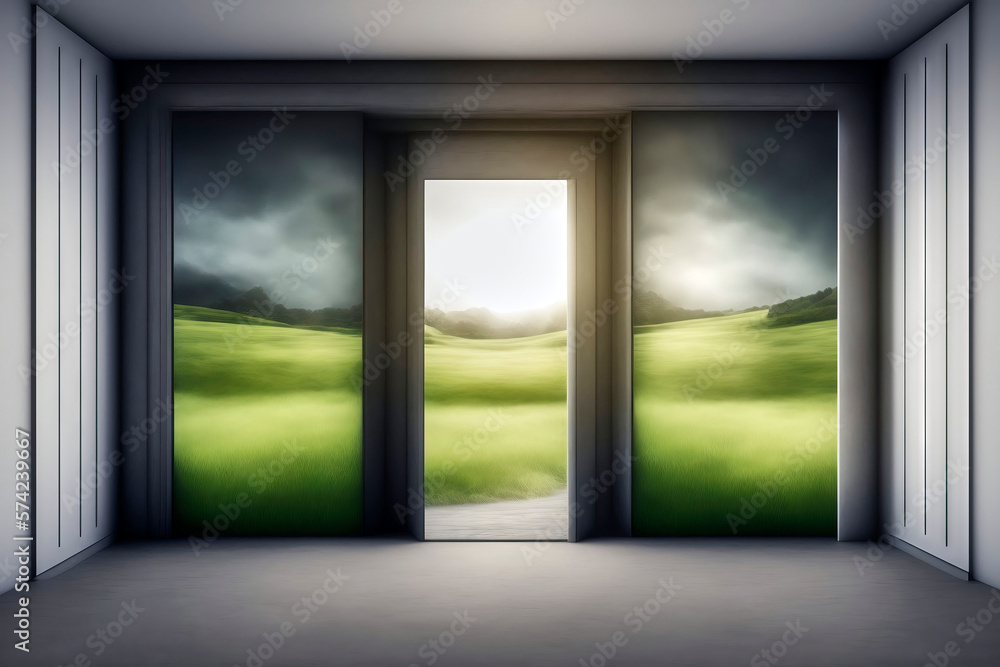 An open door surrounded by a lush green landscape welcomes visitors to an impressive house with majestic architectural design and bright windows in the clouds, made with generative ai An open door surrounded by a lush green landscape welcomes visitors to an impressive house with majestic architectural design and bright windows in the clouds, made with generative ai