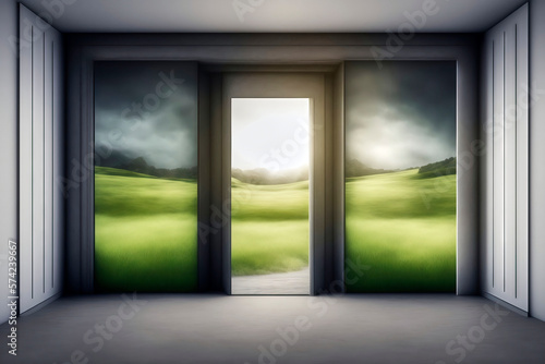 An open door surrounded by a lush green landscape welcomes visitors to an impressive house with majestic architectural design and bright windows in the clouds  made with generative ai