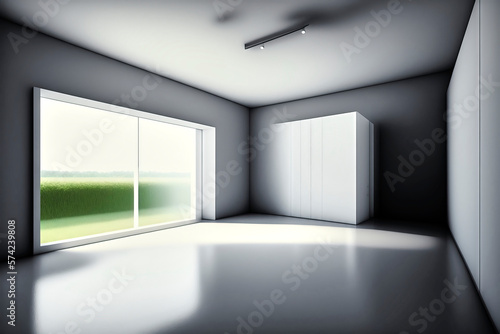A bright and airy white room with elegant architectural design, illuminated by natural light from the window, made with generative ai