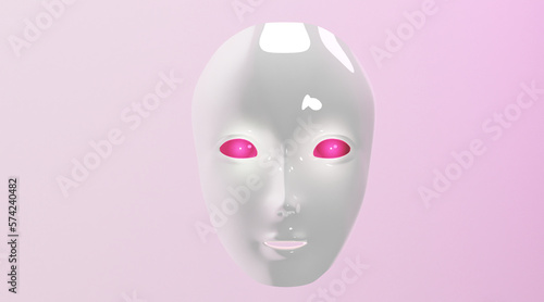 Face of humanoid robot with red eyes made of plastic front view on pink background