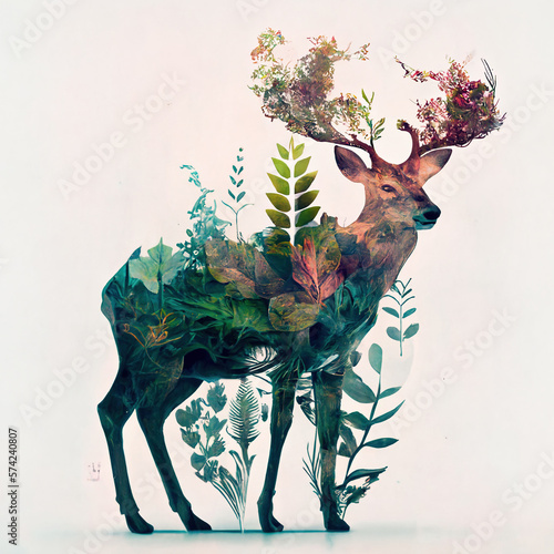 Papier peint Double exposure of deer and plant flora