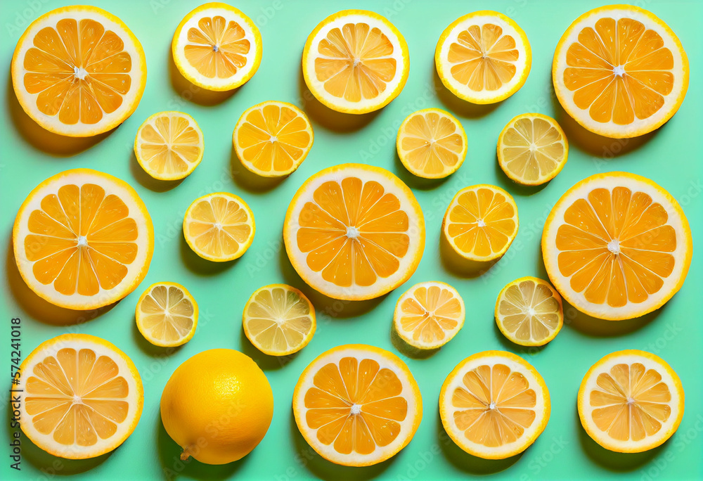 Obraz premium Colorful fruit pattern of fresh orange slices on green background. AI Generated