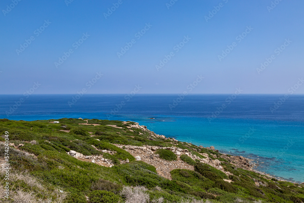 The turquoise Mediterranean Sea viewed from along the Karpaz Peninsula on the Island of Cyprus