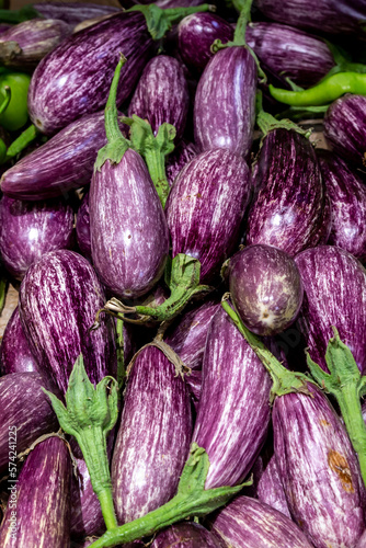 A full frame photograph of aubergines