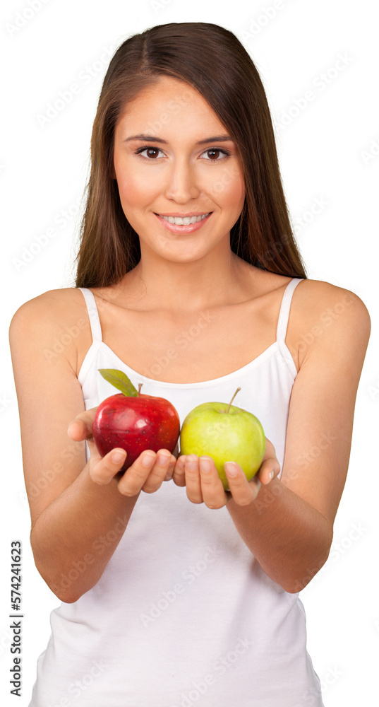 Pretty young woman with green and red apples isolated on white background Pretty young woman with green and red apples isolated on white background
