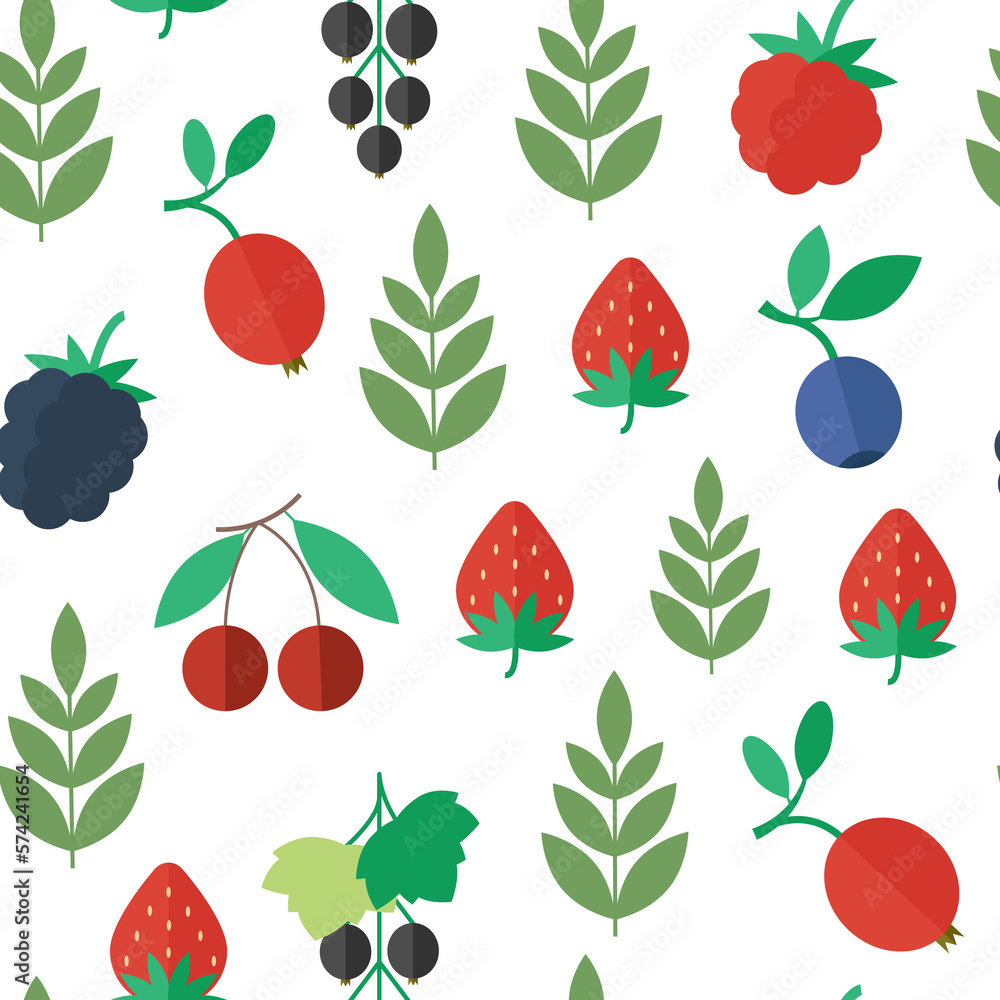 Seamless pattern with garden and wild berries and green leaves in flat style illustration Seamless pattern with garden and wild berries and green leaves in flat style illustration