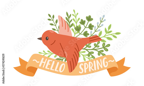 Spring label with season quotes  bird  ribbon. Hand drawn spring vector illustration.