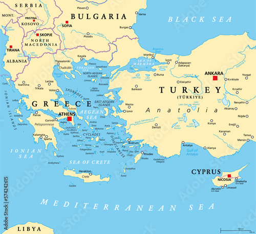 Aegean Sea region with Aegean Islands, political map. An elongated embayment of the Mediterranean Sea, located between Europe and Asia, and between the Balkans and Anatolia, Greece and Turkey. Vector.