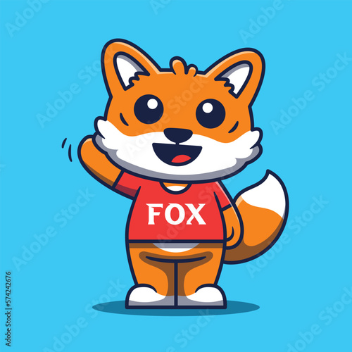 Cute fox mascot waving cartoon illustration. Fox wearing t shirt cartoon design character. © Supercutecandy